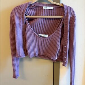 Zara Purple Ribbed Women's Top and Cardigan Set